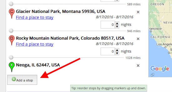 To add a pin, click "Add A Stop" and type in what you want - usually typing in a National or State Park works without using the city, sometimes you need to add the city.